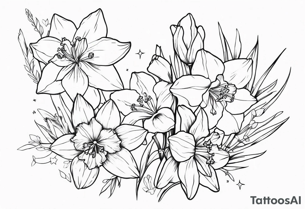 Larkspur, narcissus and stars tattoo idea
