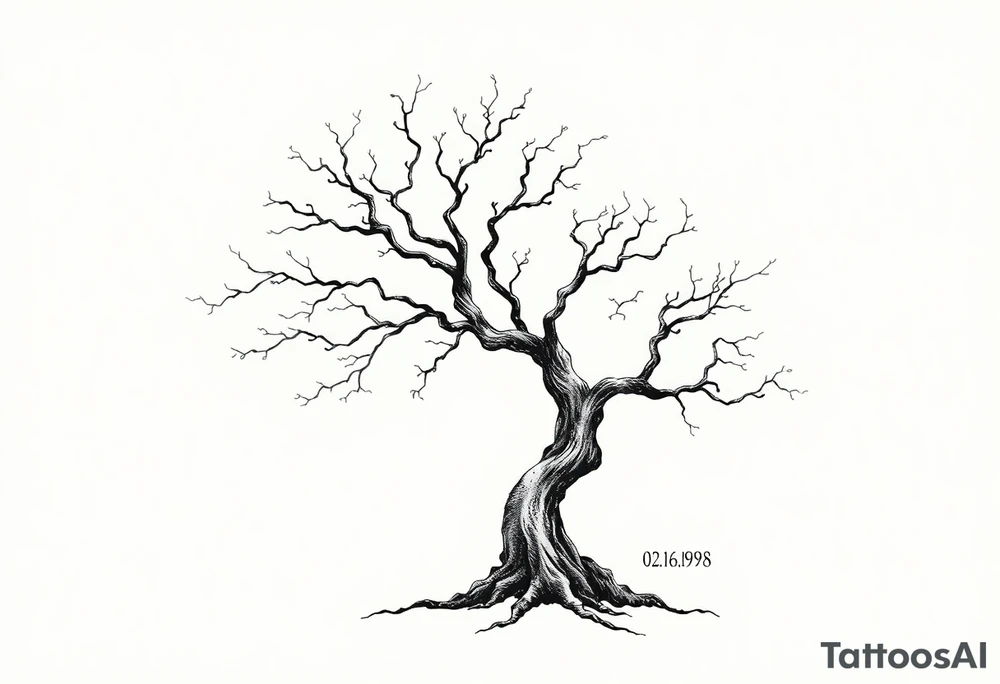 simple windy tree tattoo linework stencil with date 02.18.1998 tattoo idea