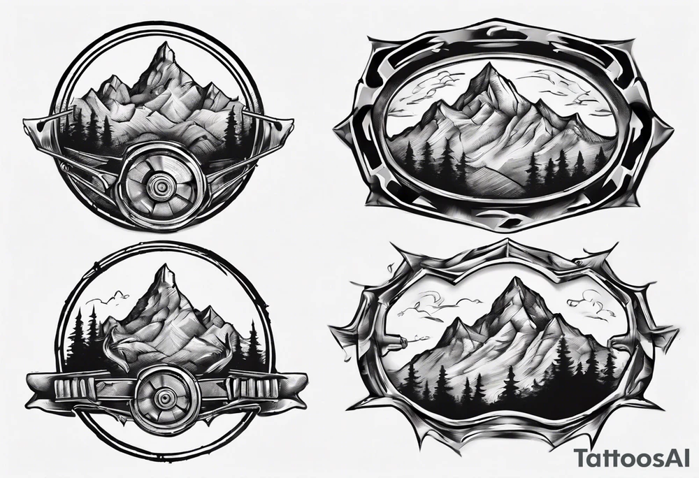 road cycle front wheel drawn as a barbell plate with a mountain in the middle tattoo idea