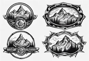 road cycle front wheel drawn as a barbell plate with a mountain in the middle tattoo idea