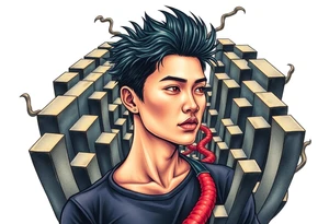 Handsome Asian young guy lost in labyrinth tattoo idea