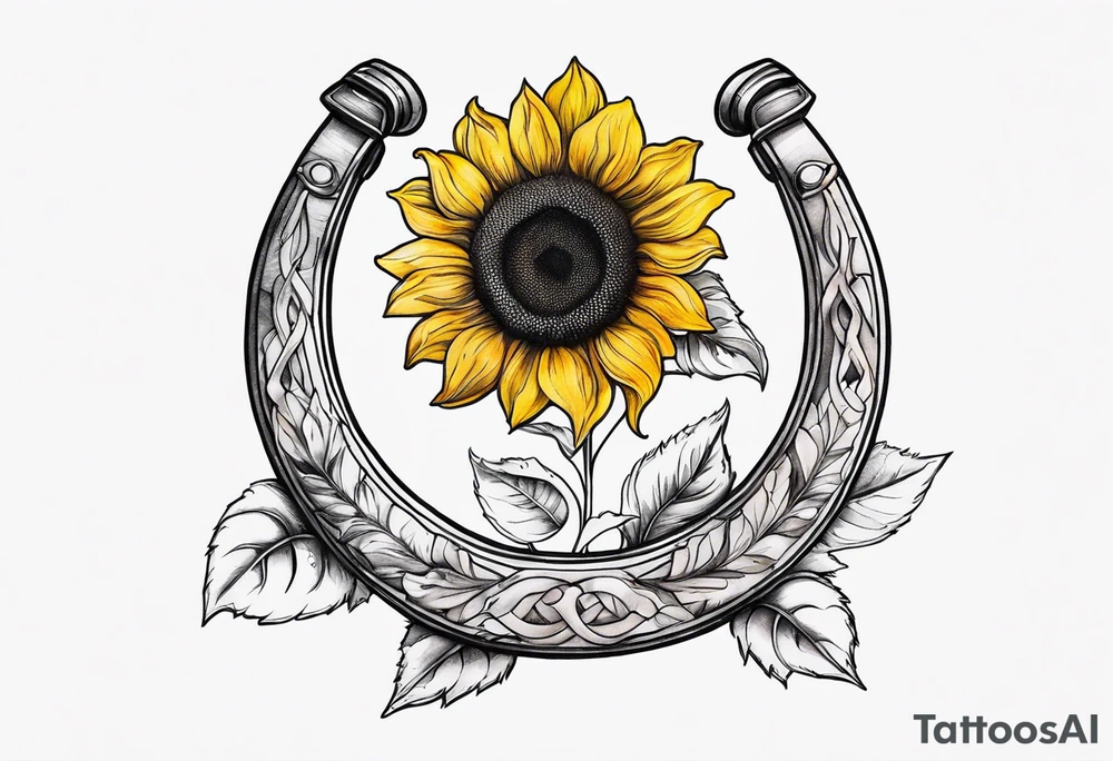Realistic Horseshoe around a sunflower tattoo idea