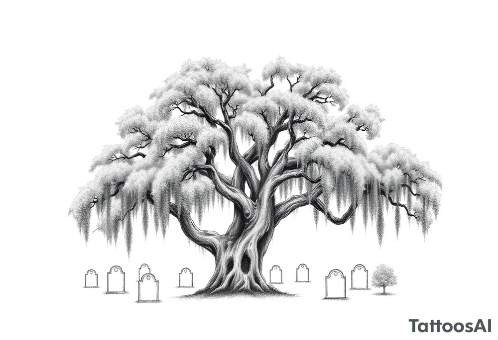 Laurel oak covered in Spanish moss in a cemetery tattoo idea