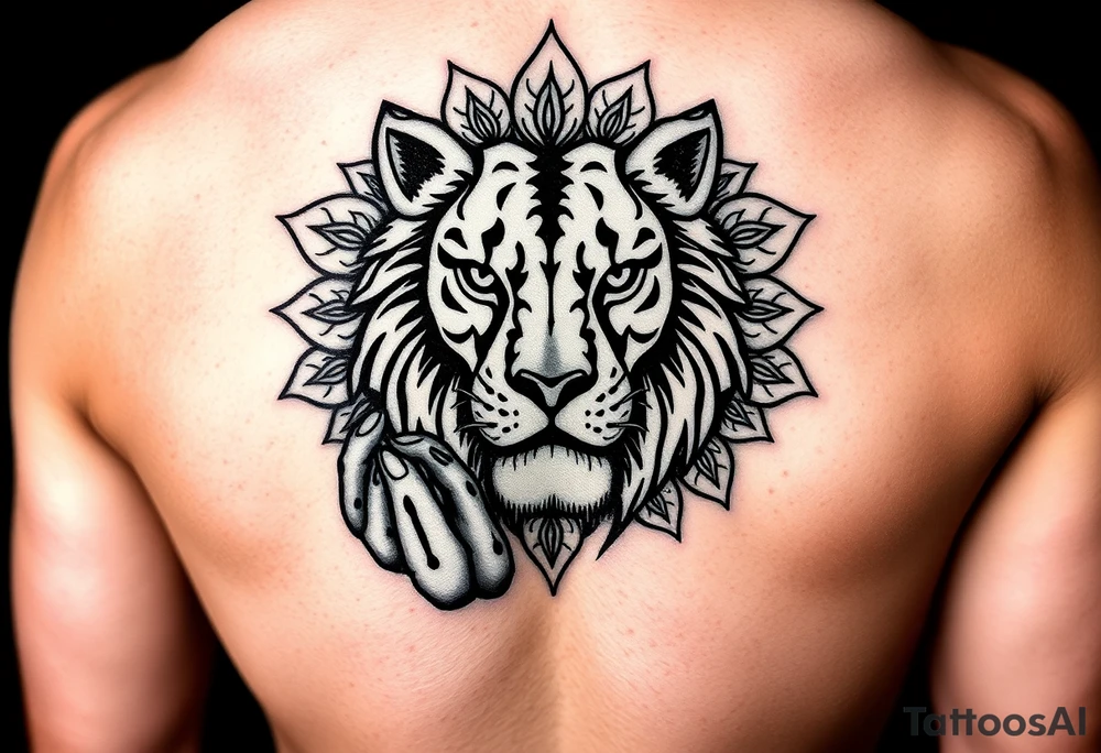 A tattoo for the upper hand with a realistic lion head with mandala patterns around it that covers the hands and a small part of the fingers. tattoo idea