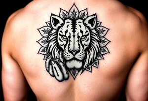 A tattoo for the upper hand with a realistic lion head with mandala patterns around it that covers the hands and a small part of the fingers. tattoo idea
