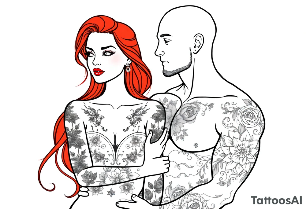 Woman with long red hair and red lipstick with lots of tattoos with  a bald muscular white man with tattoos getting married tattoo idea
