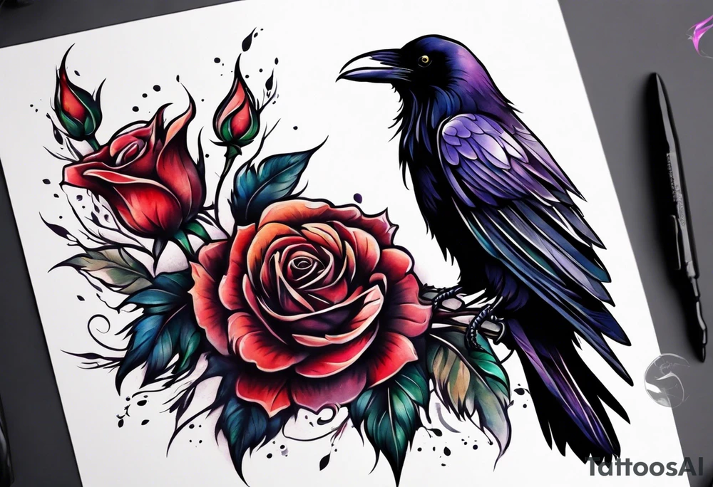 Raven facing forward with a rose underneath it tattoo idea