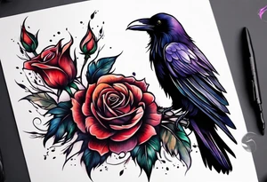 Raven facing forward with a rose underneath it tattoo idea