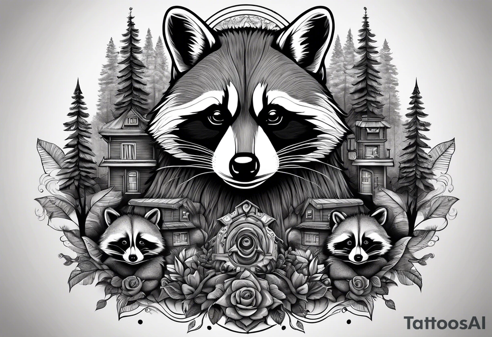 Very detailed Raccoon Husband with wife and 3 sons.
Background modern House between woods tattoo idea