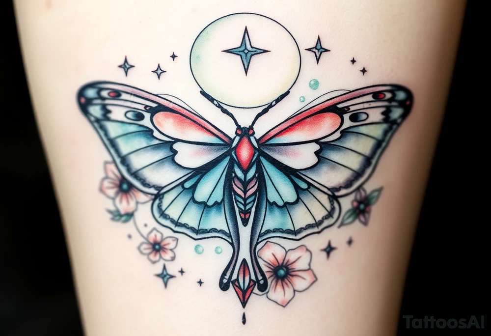 Delicate Luna moth surrounded by celestial accents tattoo idea