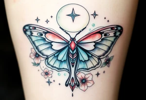 Delicate Luna moth surrounded by celestial accents tattoo idea