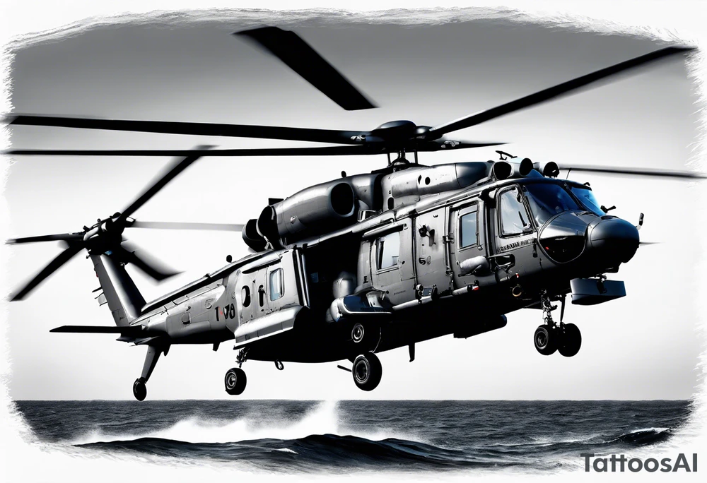 canadian military grey helicopter cyclone CH-148, a helicopter flying over rough water, Clear sky, sunset
, military art, ocean specular, highly detailed background, tattoo idea