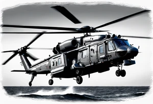 canadian military grey helicopter cyclone CH-148, a helicopter flying over rough water, Clear sky, sunset
, military art, ocean specular, highly detailed background, tattoo idea