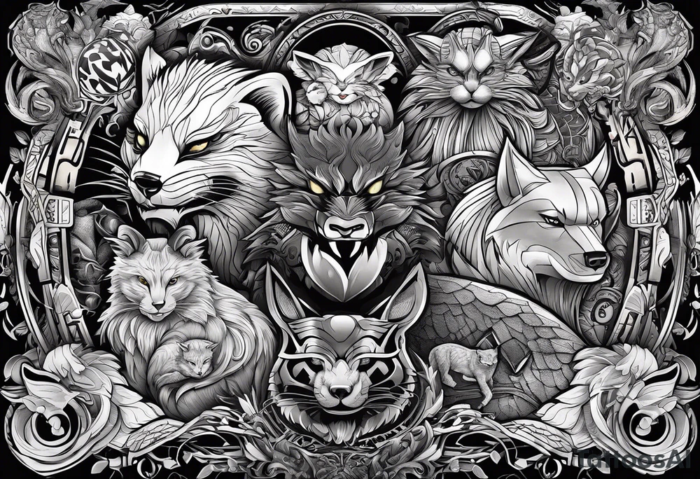a super hero team which is combination of animals.
One is Badger/Wolverine, One is Bull, One is Wolf, One is Axolotl, One is Canary, One is Lizard, One is Cat tattoo idea