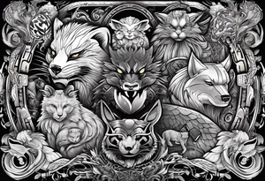 a super hero team which is combination of animals.
One is Badger/Wolverine, One is Bull, One is Wolf, One is Axolotl, One is Canary, One is Lizard, One is Cat tattoo idea