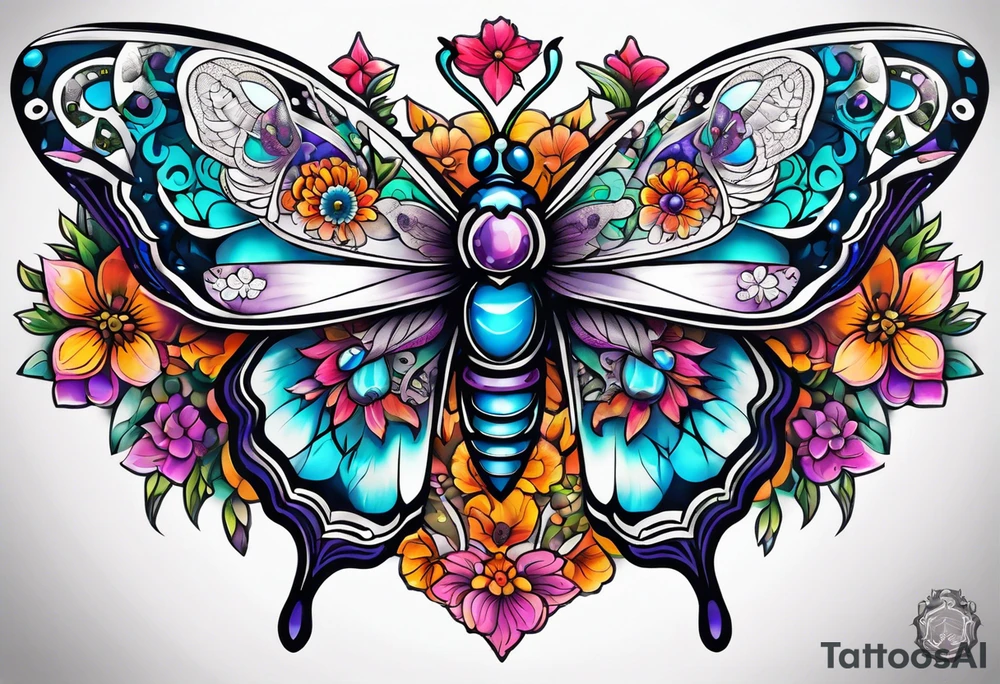 ornaments of flowers and moth with crystals 
chest piece tattoo idea