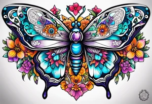 ornaments of flowers and moth with crystals 
chest piece tattoo idea