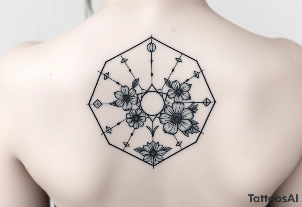 Hexagon with a constellation sign for Leo,  larkspur and water lilies in the center tattoo idea