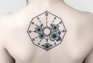 Hexagon with a constellation sign for Leo,  larkspur and water lilies in the center tattoo idea