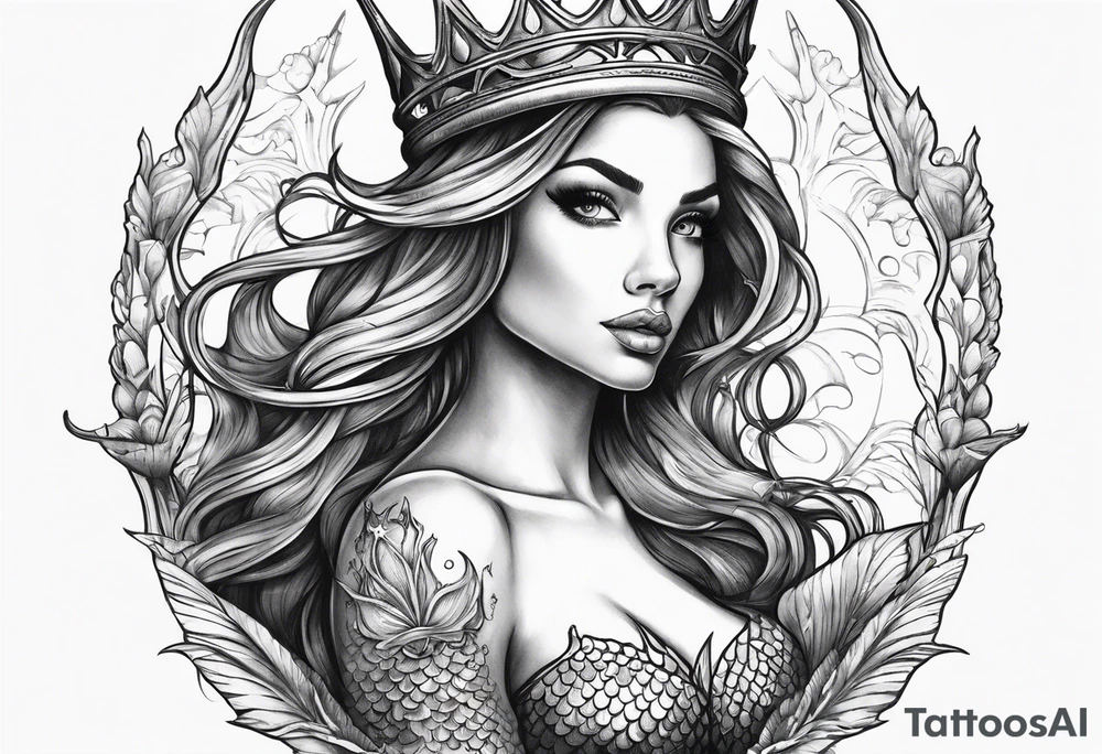 Mermaid full body holding a trident and wearing a crown tattoo idea