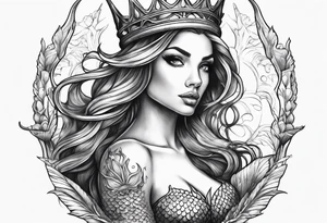 Mermaid full body holding a trident and wearing a crown tattoo idea