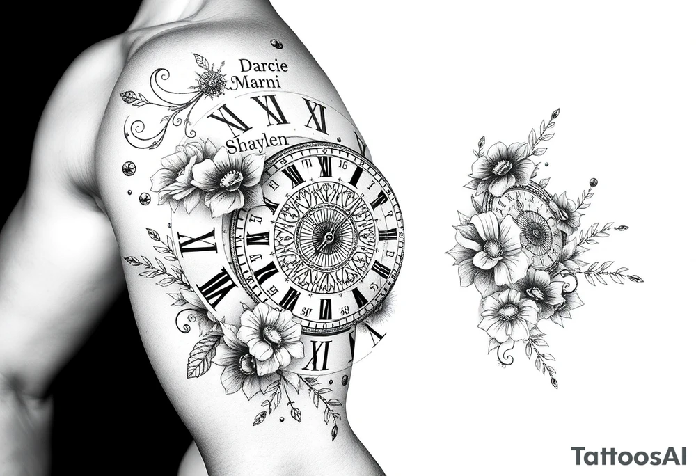 vintage roman numerals within ornate clockwork mechanism, flowers, with Darcie, Marni and Shaylen written throughout design tattoo idea