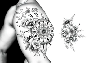 vintage roman numerals within ornate clockwork mechanism, flowers, with Darcie, Marni and Shaylen written throughout design tattoo idea