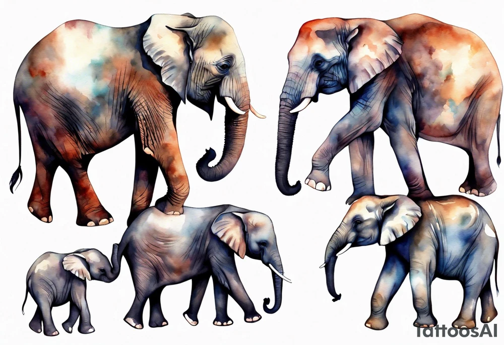 family of elephants including a mom and dad, 4 children, one of which is deceased. tattoo idea