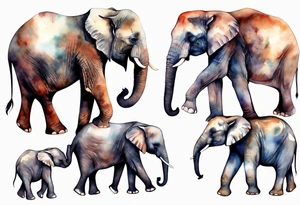 family of elephants including a mom and dad, 4 children, one of which is deceased. tattoo idea