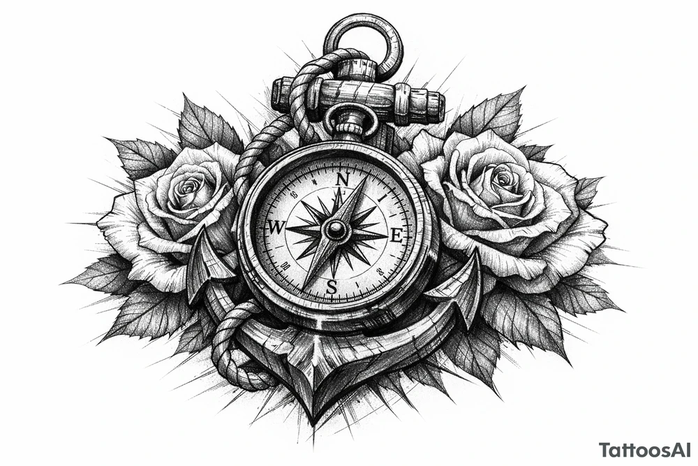 a compass,anchor,roses. tattoo idea
