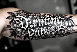 Dunning, cursive slick font,with big jungle leaves, roses,palm trees, tattoo idea