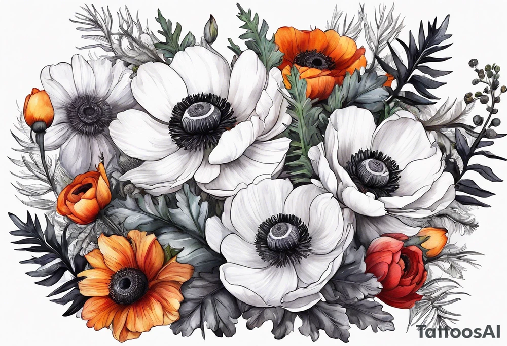 a white anemone with black center with thistles, ferns, ranuculus, sun flowers, red flowers, ping flowers, orange flowers, yellow flowers all in watercolor tattoo idea