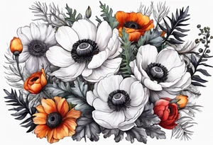 a white anemone with black center with thistles, ferns, ranuculus, sun flowers, red flowers, ping flowers, orange flowers, yellow flowers all in watercolor tattoo idea