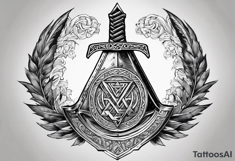 Valhalla stairs sword shield axe Valknut tattoo idea
