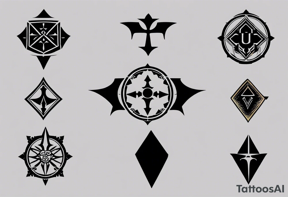 Central Element: The Dragon Age: Inquisition symbol (the Inquisitor's mark) serves as the foundation and is placed in the center. Its sharp, symmetrical lines offer a strong base.

Triforce: Above the Inquisitor's mark, we integrate the Triforce symbol from the Legend of Zelda. The three golden triangles of the Triforce hover slightly above, as if they are radiating light downward onto the Inquisition logo.

Halo UNSC Wings: On either side of the Inquisition logo, we incorporate the stylized wings from the UNSC emblem, with a modern twist to fit the aesthetic. These wings can be more streamlined and connected seamlessly to the edges of the Inquisitor's mark to give a sense of unity. tattoo idea
