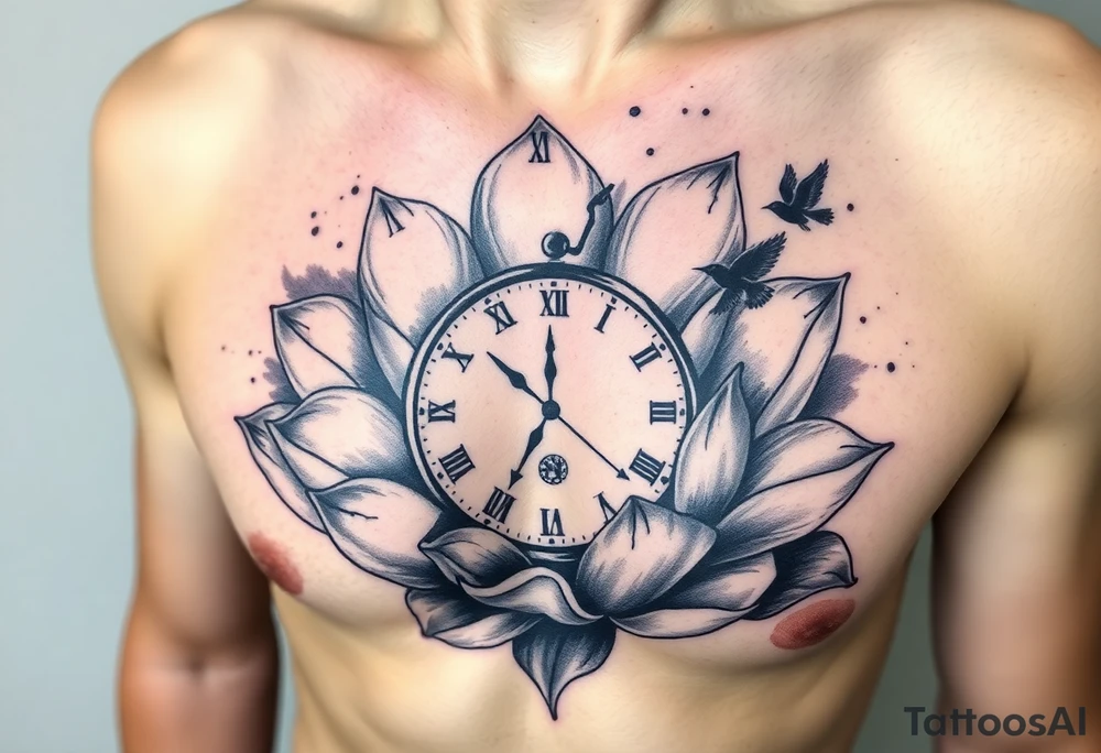 A broken clock floating inside a blooming lotus flower, with a small bird flying out from the clock face tattoo idea