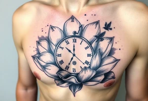 A broken clock floating inside a blooming lotus flower, with a small bird flying out from the clock face tattoo idea