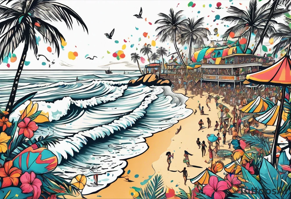 SURFING SAFARI BEACH DANCE 
PARTY WITH CONFETTI AND MUSIC NOTES, TROPICAL DRINKS, SEXY BIKINIS tattoo idea