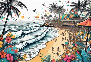 SURFING SAFARI BEACH DANCE 
PARTY WITH CONFETTI AND MUSIC NOTES, TROPICAL DRINKS, SEXY BIKINIS tattoo idea