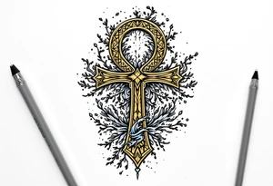 A bronze Ankh with flowing water patterns, capturing the essence of renewal and emotional depth. tattoo idea