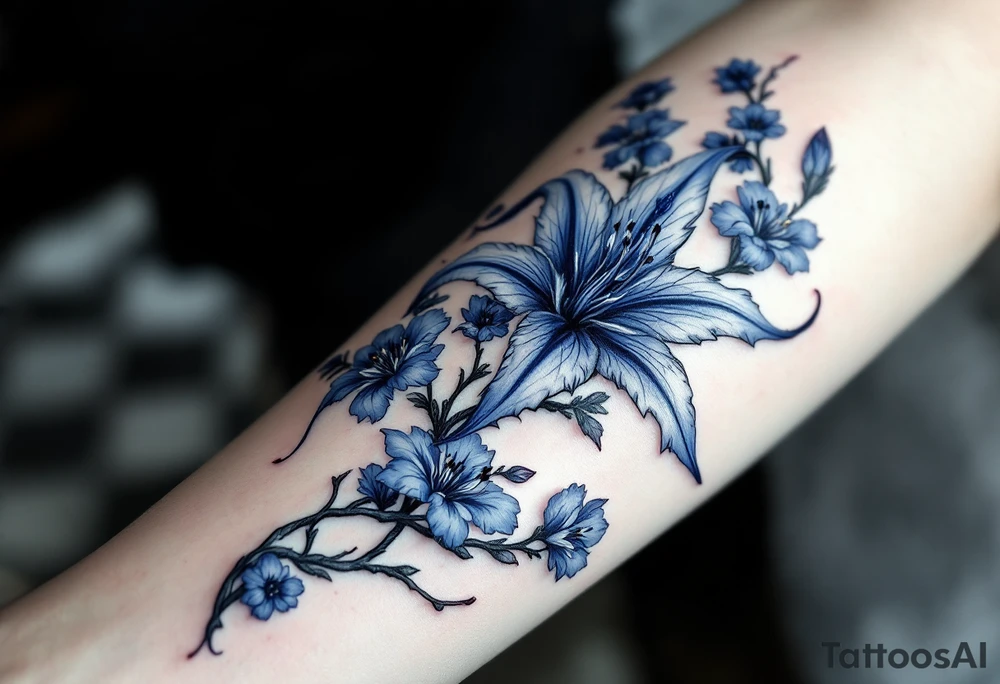 blue spider lily from the anime demon slayer and Cherry Blossoms wrapped around the arm tattoo idea