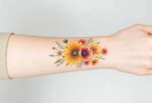 Small watercolour bouquet of wild flowers including Lilly stargazers, sunflowers, poppies and peonies to be placed on forearm tattoo idea