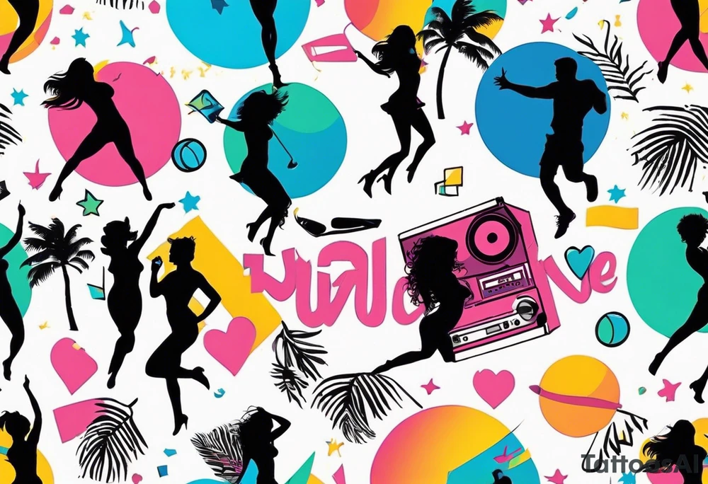 1980's miami vice style beach dance 
party, include confetti, music notes, boom box, SILHOUETTE bikinis sunset in the center tattoo idea