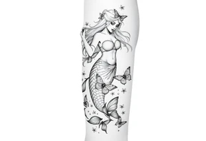 Aquarius goddess with mermaid tail Carrying  water bearer over her shoulder spilling water to the floor with a pisces fish in
Leading to butterflies tattoo idea