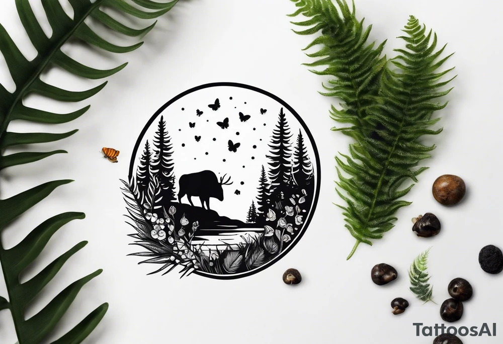 forest floor inspired minimalist tattoo, which includes grass, curly ferns, moss and dead leaves as the bulk of the tattoo. details to include: forest berries, a tiny bumblebee flying nearby, three small brown mushrooms
Generate a vertically long one tattoo idea