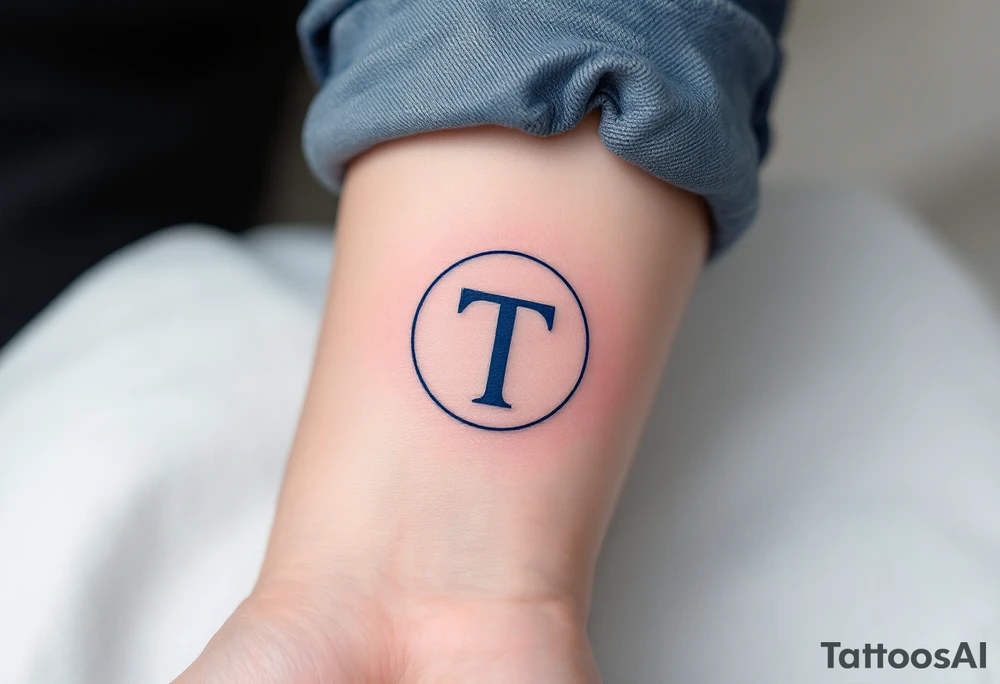 A minimalist "T" in solid navy blue, centered within a thin circle. tattoo idea