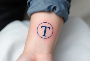 A minimalist "T" in solid navy blue, centered within a thin circle. tattoo idea