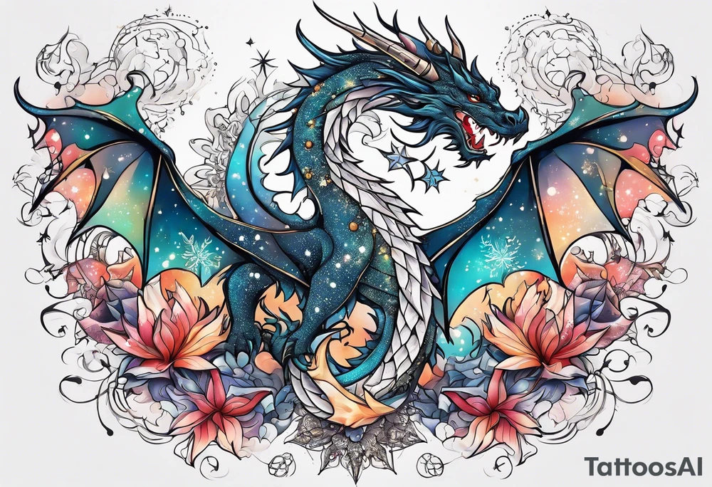 Constellation, dragon,snowflake tattoo idea