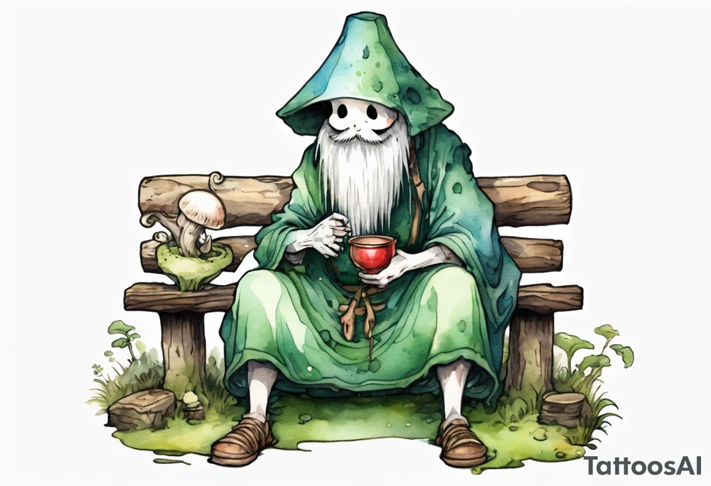 a kodama wearing a mushroom hat and a mossy beard and a medieval tunic drinking from a wood cup, sitting on a bench smiling tattoo idea
