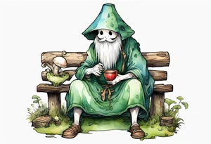 a kodama wearing a mushroom hat and a mossy beard and a medieval tunic drinking from a wood cup, sitting on a bench smiling tattoo idea